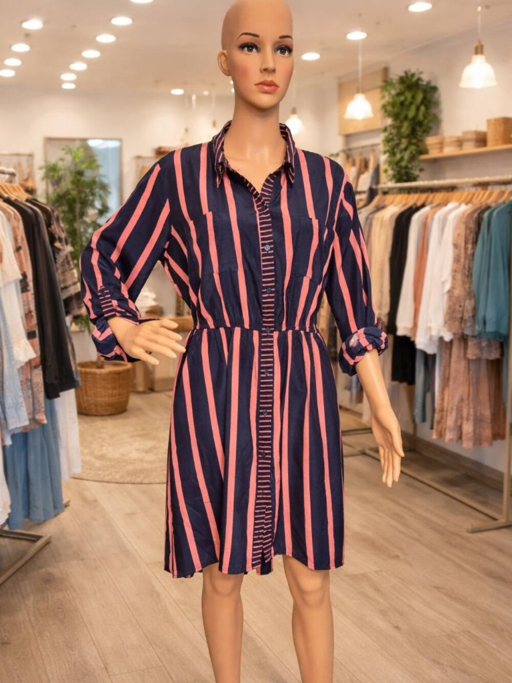Navy and Coral Striped Shirt Dress - Size XL